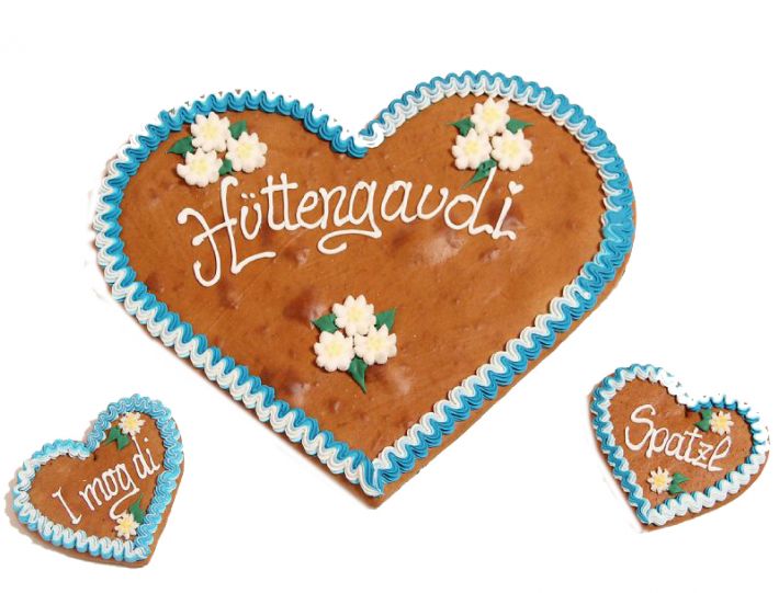 Sechs beschriftbare Lebkuchenherzen als klassische Beispielvariante mit dekoriertem Rand