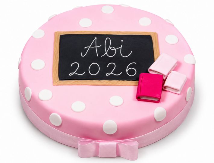 Gepunktete Abi-Torte mit kleiner Schultafel, Büchern und Abschlussmotiv auf heller Oberfläche