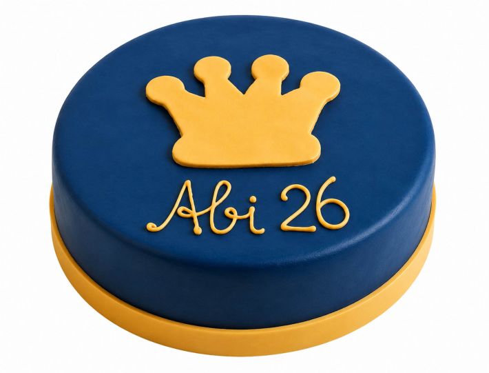 Runde Torte in Königsblau mit goldenen Akzenten und Krone auf der Oberfläche
