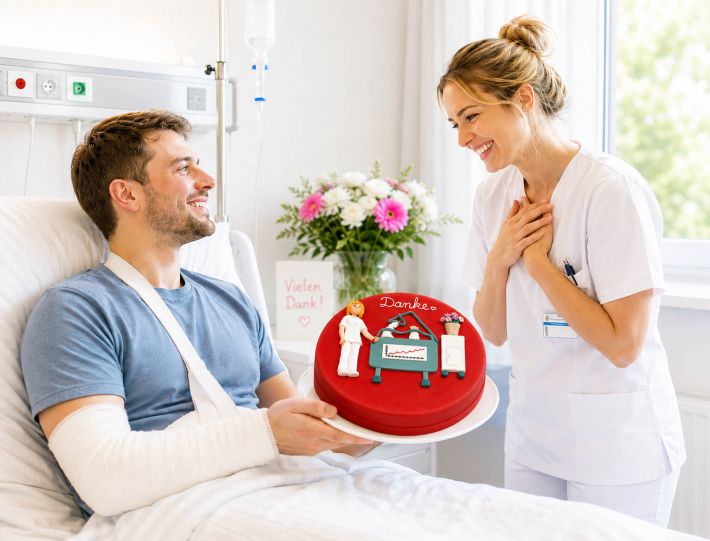 Genesender Patient schenkt einer fröhlichen Krankenschwester im Krankenhaus eine individuell gestaltete Danke-Torte zur Anerkennung ihrer Arbeit