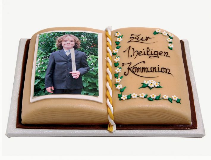 Aufgeschlagene Buchtorte zur Kommunion oder Konfirmation