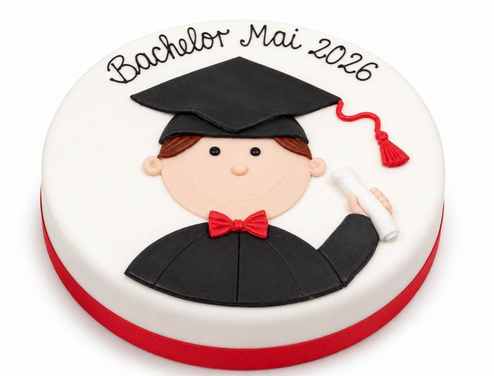 Weiße Bachelor-Torte mit stilisiertem Absolventen, schwarzem Doktorhut, roter Fliege und Diplomrolle