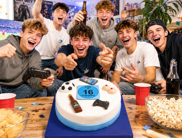 Jugendliche feiern einen 16. Geburtstag mit Freunden, Snacks und einer FSK-16-Geburtstagstorte