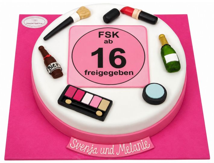 Pinke Geburtstagstorte zum 16. Geburtstag mit FSK-16-Motiv und personalisierbarer Beschriftung