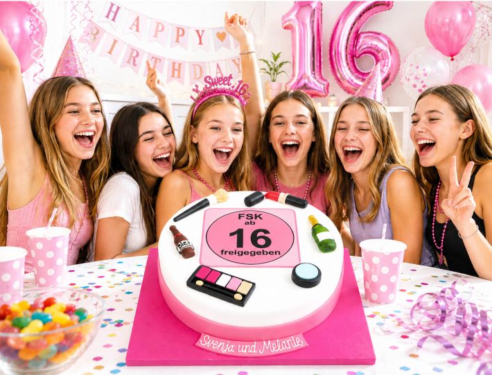 Mädchen feiern ausgelassen einen 16. Geburtstag mit einer individuell gestalteten FSK-16-Torte und Freundinnen