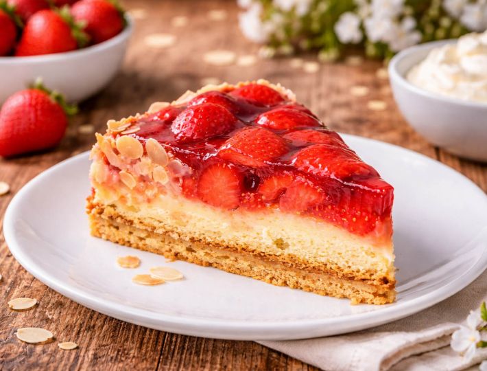 Erdbeertorte mit dicht belegten Erdbeeren und Sahnecreme