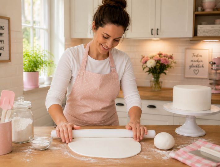 Frau rollt weißen Fondant in der Küche aus, um eine Motivtorte einzudecken und zu dekorieren