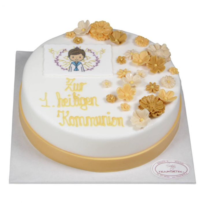 Kommunionstorte in Gelb- und Cremetönen mit Blütendekor und hellem Fondantüberzug