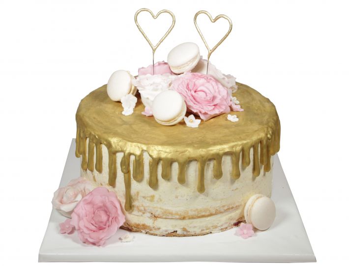 Goldener Drip Cake als Naked-Hochzeitstorte