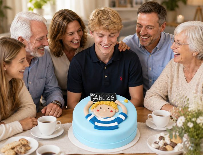 Glücklicher Abiturient feiert mit Eltern, Großeltern und Geschwistern das bestandene Abitur bei einer Kaffeetafel mit Abitorte