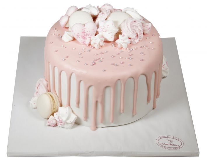 Klassische Drip-Hochzeitstorte mit Macarons