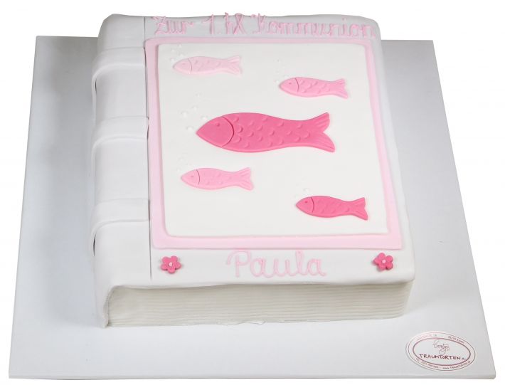 Kommunionstorte Buch mit rosa Fischen