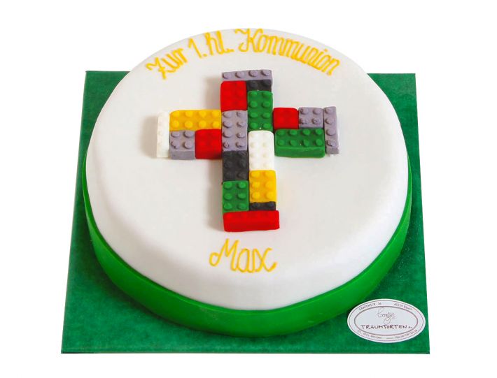 Kommunionstorte mit Kreuz aus bunten Bausteinen