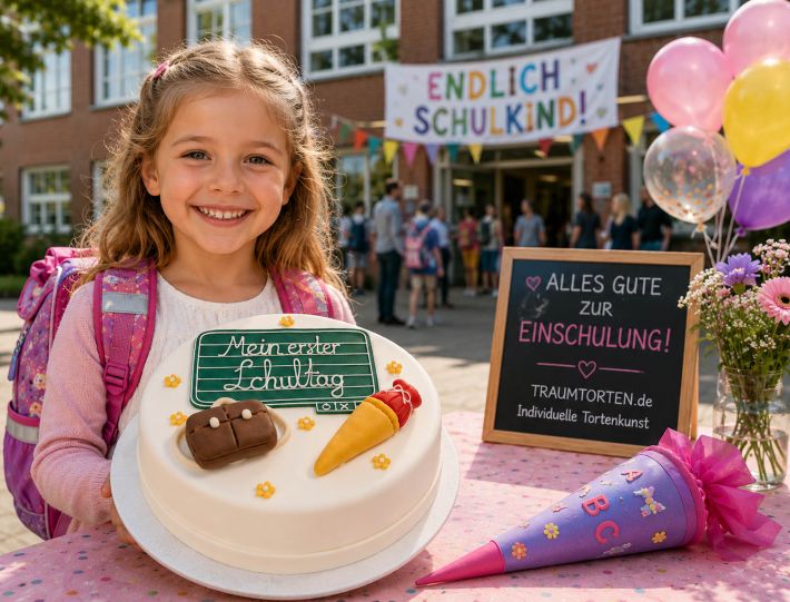 Mädchen mit Einschulungstorte am ersten Schultag vor der Schule zur Einschulung und zum Schulanfang
