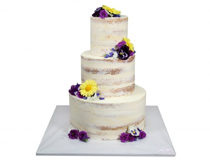 Naked Cake mit gelb-violettem Blütenmix