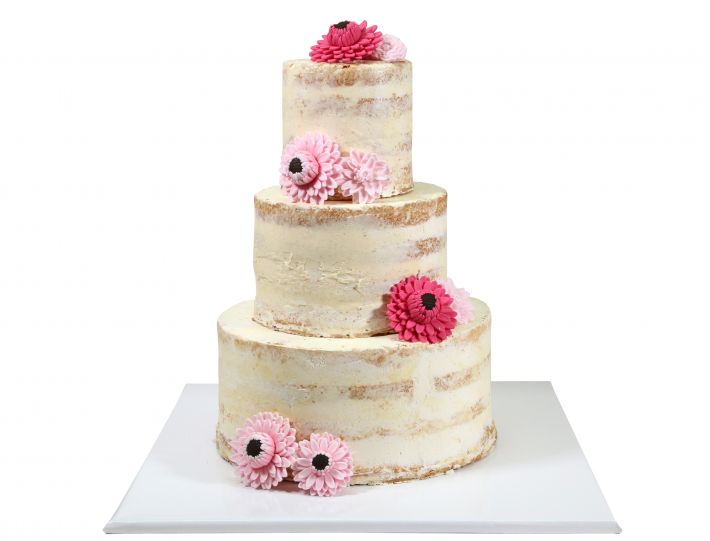 Torte im Naked Cake Stil mit Dahlien stilvoll inszeniert natürlich und elegant umgesetzt