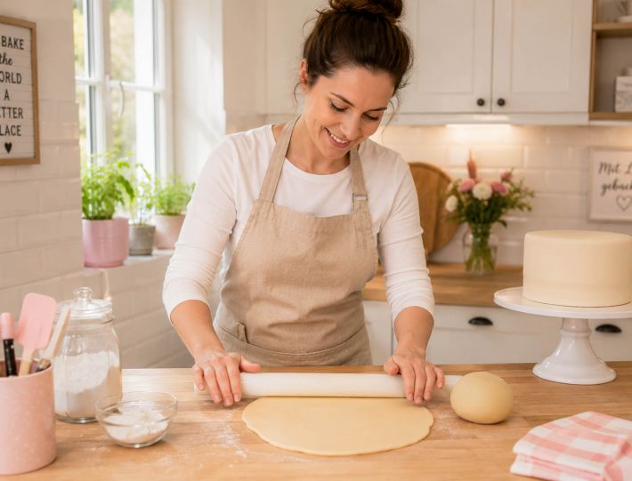 Frau rollt Marzipan in der Küche aus, um eine Torte einzudecken – Anleitung zum Dekorieren von Motivtorten