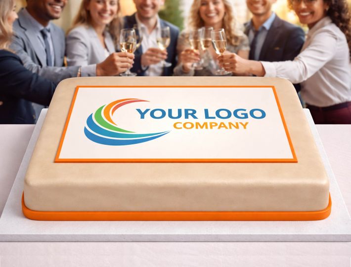 Rechteckige Fototorte mit Firmenlogo und Anschnitt als Werbetorte für Unternehmen, Messe oder Business-Event