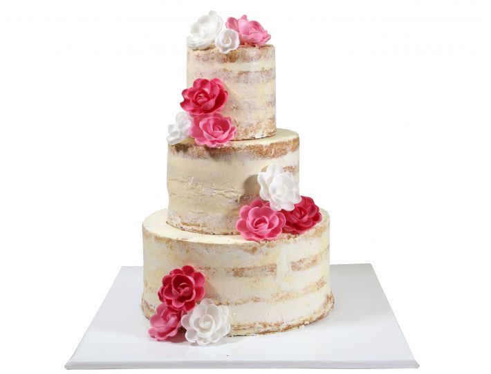 Romantischer Naked Cake mit rosa und weißen Esspapier-Rosen