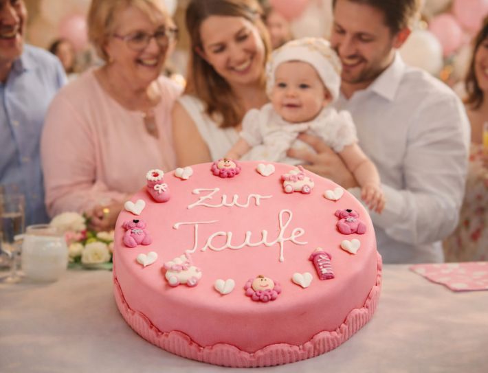 Rosa Motivtorte zur Geburt oder Taufe mit klassischer Dekoration für ein neues Familienfest