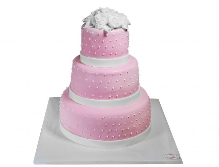 Romantische Hochzeitstorte in rosa mit Blüten und elegantem Design