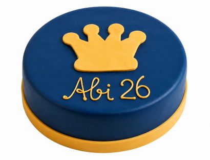 Runde Torte in Königsblau mit goldenen Akzenten und Krone auf der Oberfläche