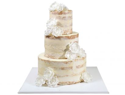 Eleganter Naked Cake mit weißen Esspapier-Rosen