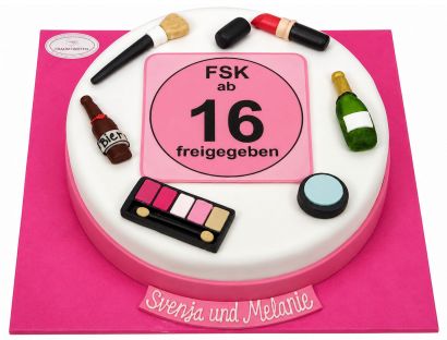 Pinke Geburtstagstorte zum 16. Geburtstag mit FSK-16-Motiv und personalisierbarer Beschriftung