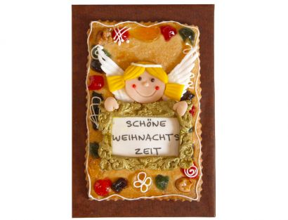 Gebäckplatte mit Engel und gerahmtem Logo