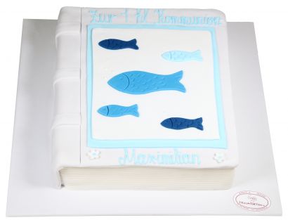 Kommunionstorte Buch mit blauen Fischen