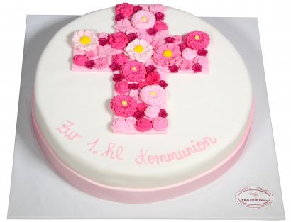 Rosa Blumenkreuz Torte zur Kommunion
