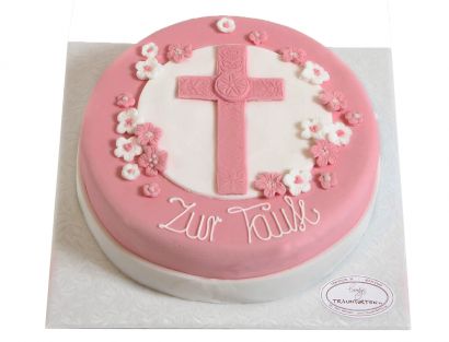Rosa Kommunionstorte mit Kreuz und Blüten
